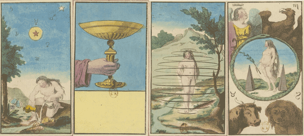 Tarot en el siglo XVIII -Carta As de Copas, El Mundo - Tarot de Etteilla